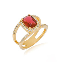 Anel Aro Duplo Cravejado Pedra Central Retangular Folheado Ouro 18k