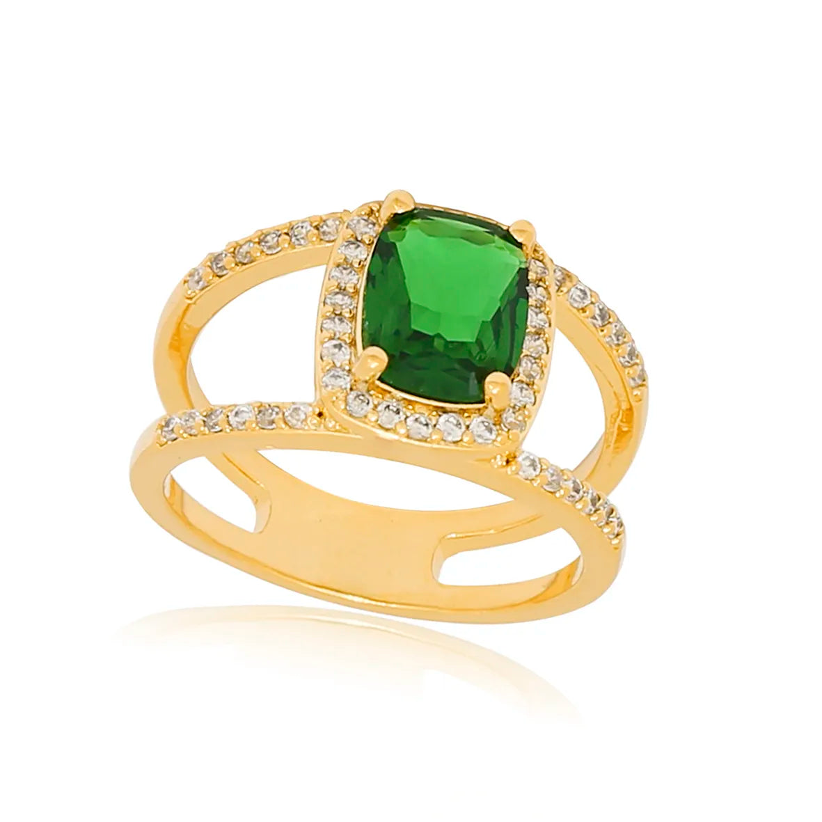 Anel Aro Duplo Cravejado Pedra Central Retangular Folheado Ouro 18k