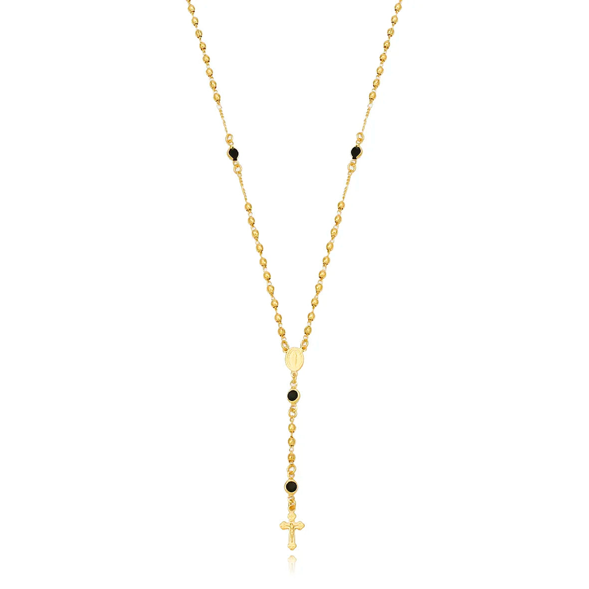 Colar Terço com Bolinhas Lisas e Strass Cruz Jesus Folheado