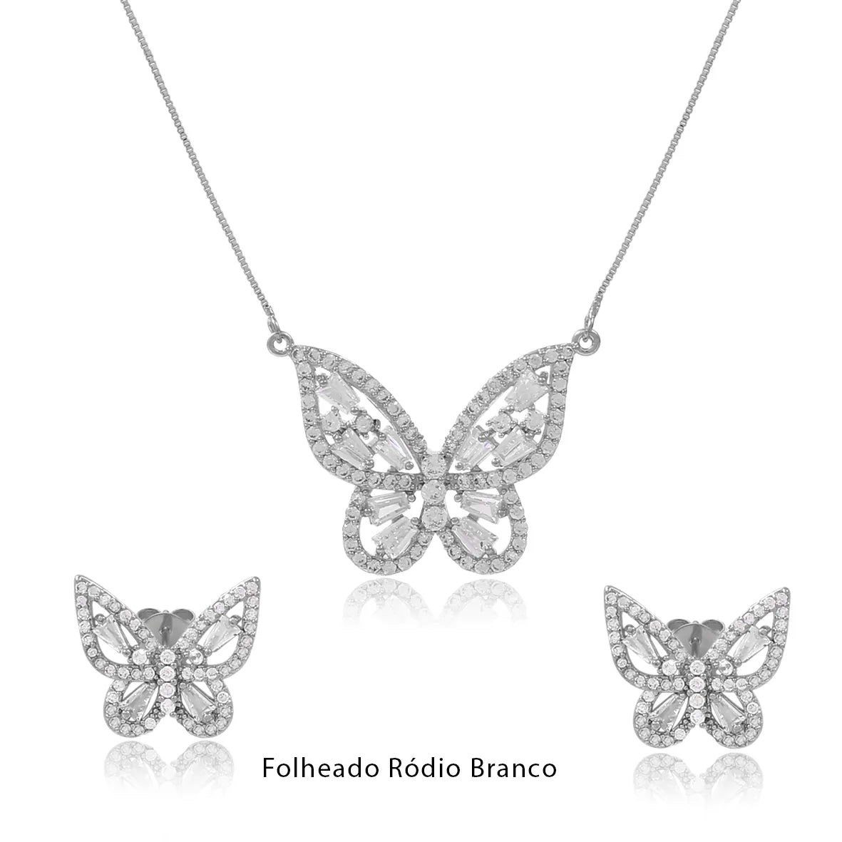 Conjunto Borboleta Cravejado Zircônias Folheado Ródio Branco
