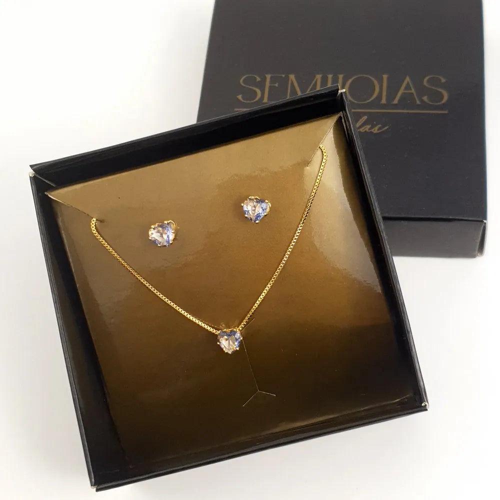 Conjunto Coração com Zircônias Folheado a Ouro 18K + Caixa