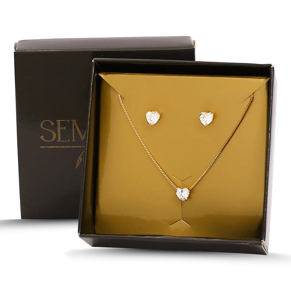 Conjunto Coração com Zircônias Folheado a Ouro 18K + Caixa