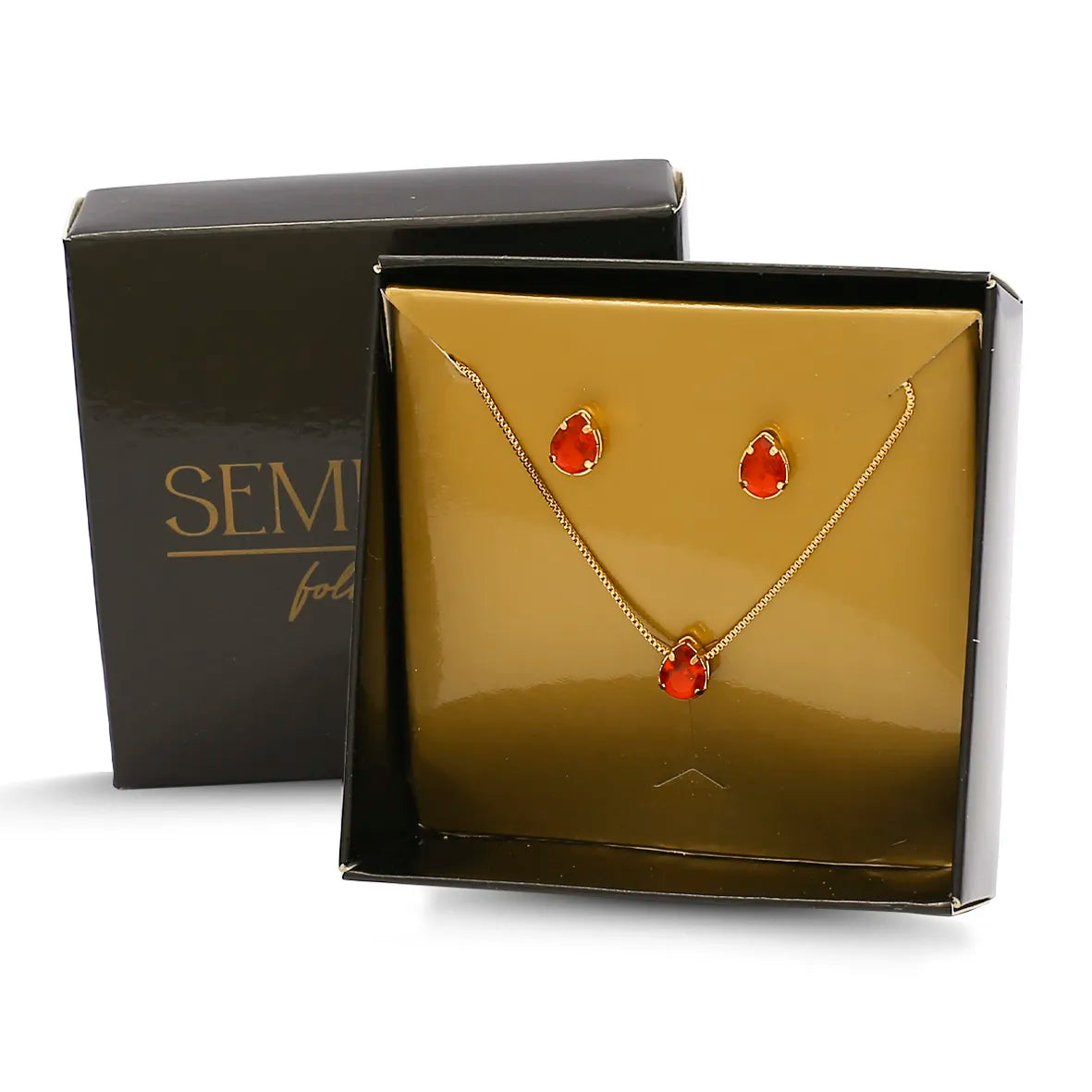 Conjunto Gota Zircônias Folheado a Ouro 18K + Caixa