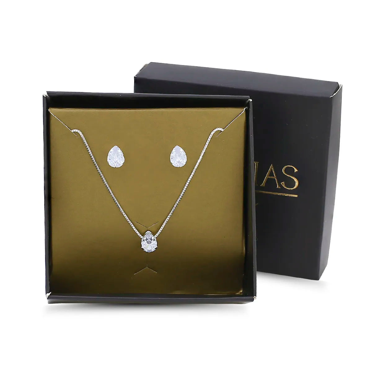 Conjunto Gota Zircônias Folheado a Prata 1000 + Caixa
