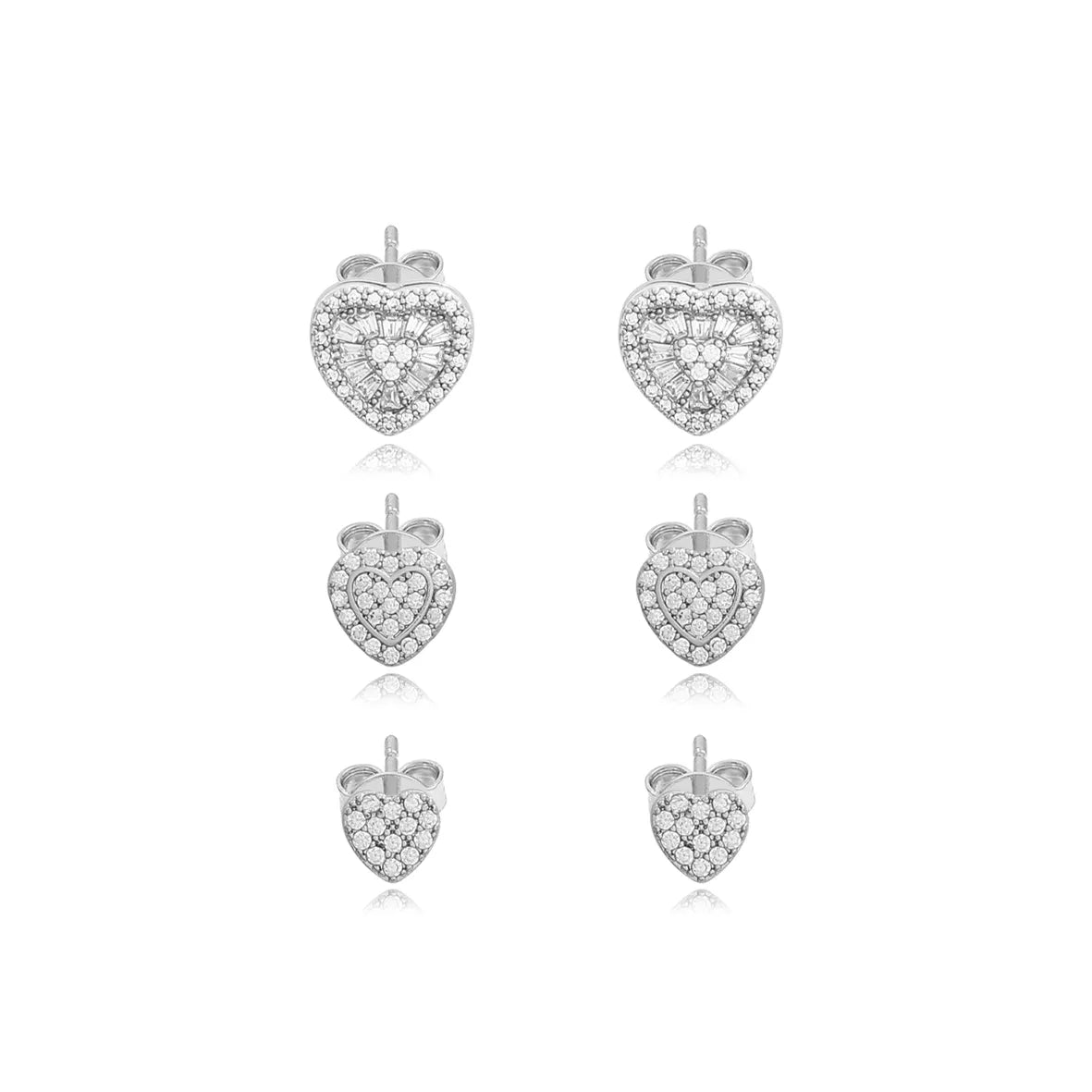 Trio de Brincos Pequenos de Corações com Zircônias Folheado Ródio Branco